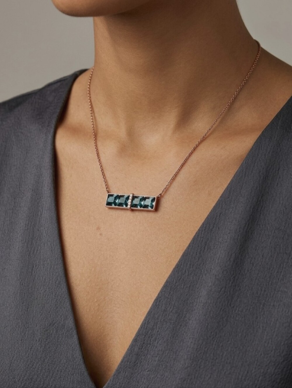 Rose Gold over Silver Bar Necklace with Gray Crystal Stones Italy